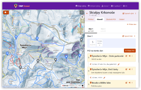 Trip itinerary with a map and a list of places
